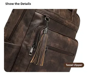 Detailed close-up of dark brown PU leather backpack featuring stylish tassel zipper puller