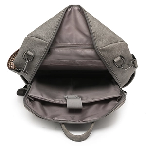 Grey vintage PU leather backpack for women with organized laptop compartment and wide strap