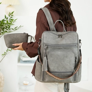 Retro grey PU leather backpack set with rainbow strap and matching pouch for women