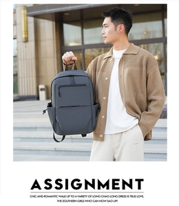 Detail view of large business backpack with waterproof matte fabric and side drawstring pockets