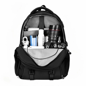 Detail showing high-capacity backpack with laptop compartment and multi-pocket interior storage