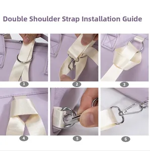 Detailed six-step guide for attaching lilac backpack shoulder straps with silver hooks