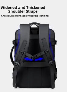 Detail of ergonomic padded shoulder straps and breathable mesh back for laptop backpack