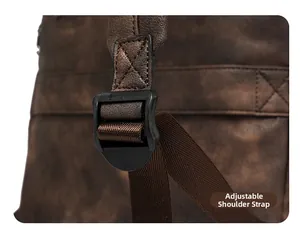 Detail of adjustable nylon shoulder strap with plastic buckle on brown PU leather backpack