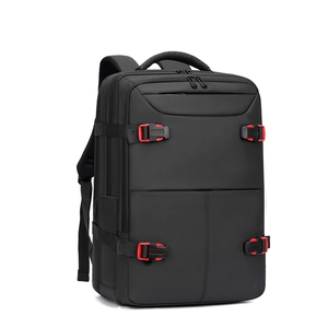 Business travel backpack in waterproof black fabric with red buckles and multi-compartment