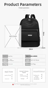 Detailed dimensions and internal structure of the black nylon laptop backpack