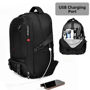 Detail of multi-functional backpack showing external USB charging port and large storage capacity
