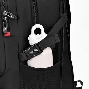 Detail of the black backpack side mesh pocket with a secure buckle for water bottles