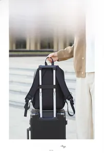 Detail of laptop backpack with luggage strap for business travel and daily commuting