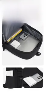 Detailed interior of black Oxford backpack with laptop compartment and side pockets