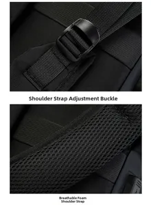 Detail of adjustable strap buckle and breathable honeycomb mesh padding on the black backpack