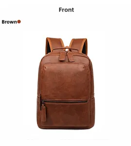 Front view of brown PU leather business backpack featuring litchi grain and dual zippers