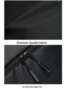 Close-up of premium durable fabric and smooth dual metal zipper on black backpack
