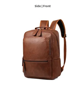 Side view detail of a brown vintage PU leather laptop backpack with textured finish