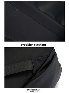 Detail of high-density stitching and reinforced shoulder strap connection on black backpack