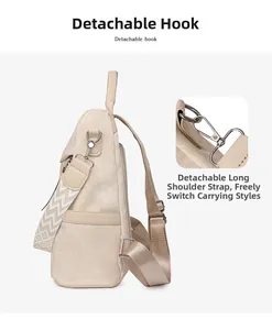 Detail des abnehmbaren Metallhakens und gewellten Schultergurts am beigen Rucksack