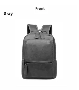 Detailed front view of gray PU leather backpack showing vintage texture and zippers