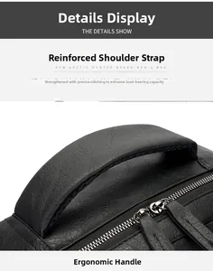 Detail of ergonomic top handle and reinforced stitching on black PU leather laptop backpack