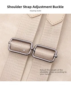 Detail der verstellbaren Metallschnalle am beigen Nylon-Schultergurt für Rucksäcke