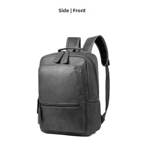 Side view of black PU leather business backpack showing zippers and side pocket detail