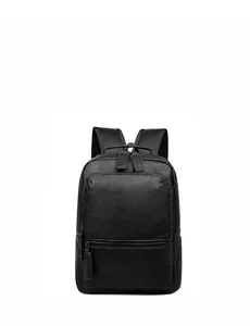 Front view of black PU leather business backpack featuring premium pebble grain texture