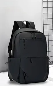 Close-up of waterproof black business backpack with large capacity and multi-pocket detail