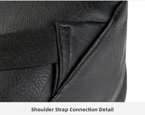 Detailed close-up of heavy-duty reinforced stitching on black faux leather backpack straps