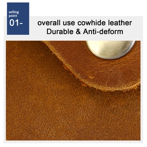 Close-up of durable cowhide leather texture and brass metal button on small card holder