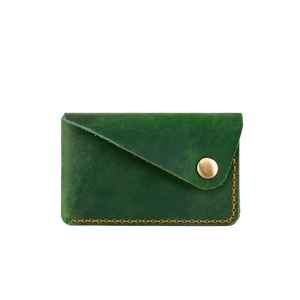 Front view of a dark green vintage leather card holder with copper buckle and orange stitching