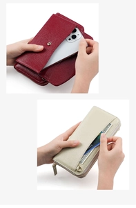 Détails du portefeuille en cuir grainé avec compartiments pour cartes et téléphone
