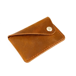 Handmade vintage cowhide leather card holder with snap button and contrast stitching
