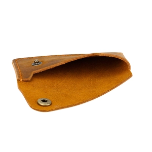 Handmade brown leather card holder with vintage cowhide texture and metal snap closure