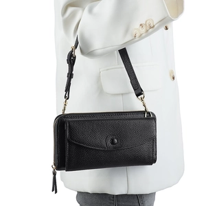Sac à Bandoulière pour Femmes en Cuir de Vachette Véritable Motif Litchi Rabat Fermeture Éclair Portefeuille pour Téléphone Bandoulière Réglable