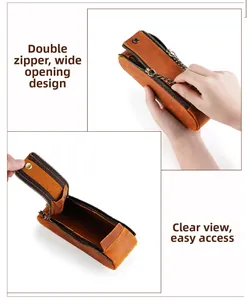 Macro detail of brown leather pouch showing wide opening and dual zipper closure system