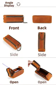 Detail view of large capacity vintage crazy horse leather pencil case with double zippers