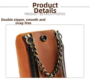 Detail of vintage crazy horse leather pencil case featuring smooth double metal zippers