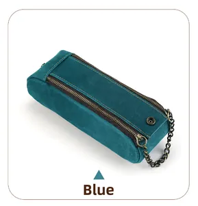 Close-up of peacock blue crazy horse leather pencil case with bronze zipper and handle
