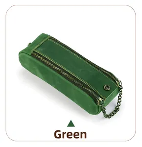 Detailed texture of green crazy horse leather pencil case with durable double zippers