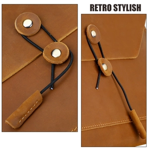 Macro detail of retro brown leather laptop sleeve with elastic drawstring closure