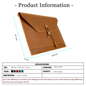 Detailed view of genuine leather laptop sleeve with twine closure and size dimensions