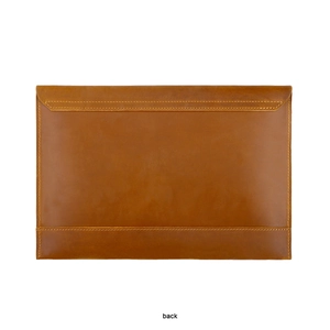 Rear view of brown leather laptop sleeve showing fine grain texture and yellow stitching