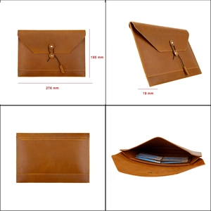 Detailed four-angle view of brown leather laptop sleeve with dimensions 276x195x19mm
