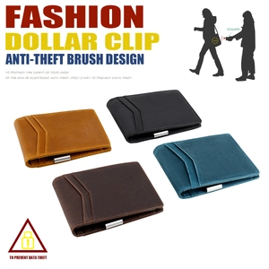 Multi-color vintage leather RFID blocking wallets with slim metal dollar clips and card slots