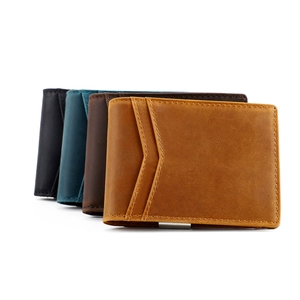 Slim genuine leather wallets in four vintage colors featuring front V-shaped card slots