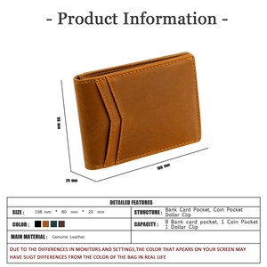 Detail view of genuine leather wallet showing 108x80mm dimensions and internal card capacity