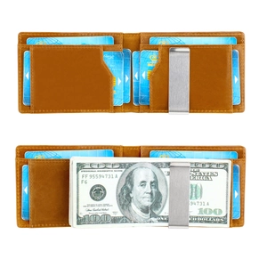 Detail view of brown leather money clip wallet with RFID slots and stainless steel clip