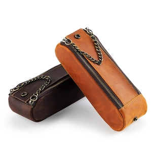 Vintage Genuine Leather Pencil Case Double Zipper Crazy Horse Leather Stationery Pouch Retro Large Capacity Pen Storage Bag Unisex Office School