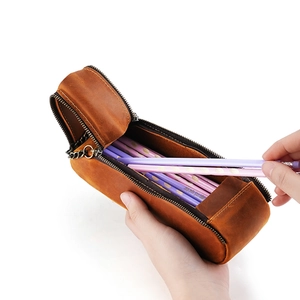 Retro crazy horse leather pencil case with double zippers and large capacity storage