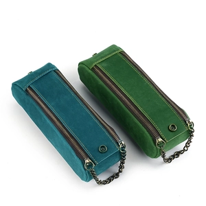 Vintage crazy horse leather pencil case with double zipper and metal chain handle