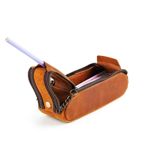 Vintage crazy horse leather pencil case with double zipper and large capacity storage